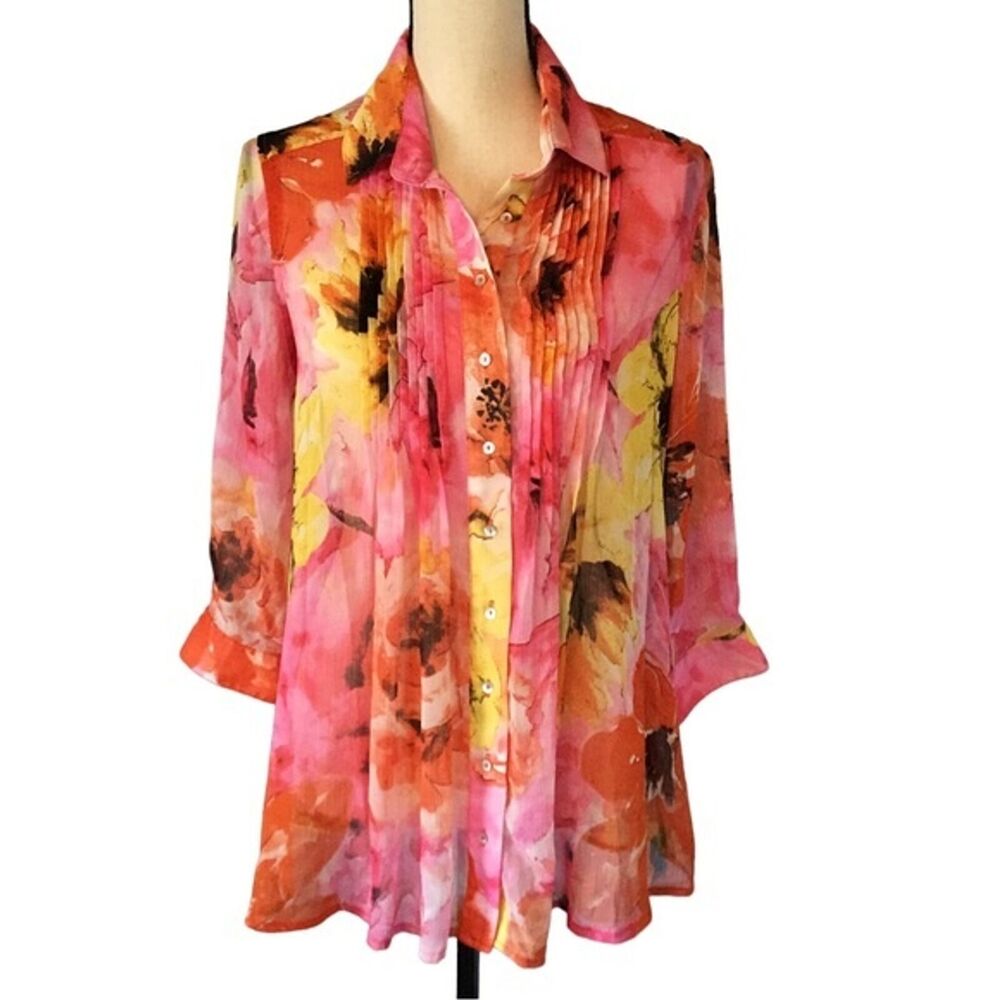 Fever Women’s Sheer Button Up Blouse Pink With Watercolor Floral Design Small